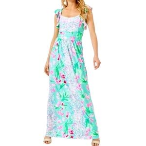 Lilly Pulitzer Mint Green Floral Maxi Dress with Pink Accents